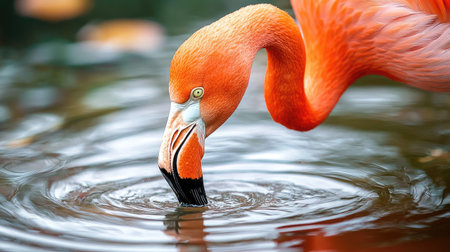 A close-up of a flamingo dipping its beak into the water, with gentle ripples creating a soothing effect.の素材