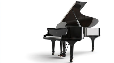 A classic black piano with intricate detailing on its legs, isolated against a simple white studio background.の素材