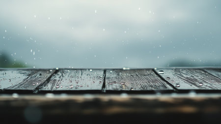 A cinematic view of raindrops falling from an old wooden roof under a gray sky.の素材