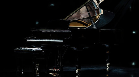 A black grand piano with soft light reflections, creating a sophisticated and artistic composition.の素材