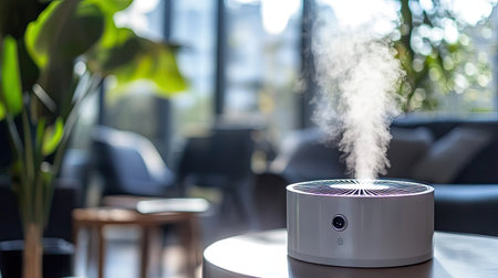 A close-up of an air purifier releasing fresh air into a modern home.の素材