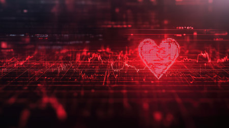 A close-up of a red heart beat wave with subtle digital elements in the background.の素材