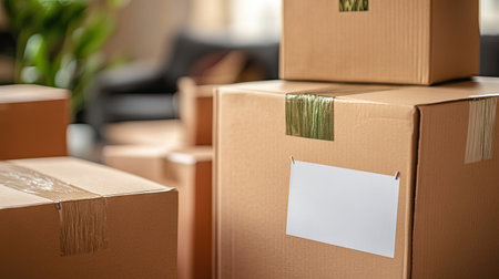 A close-up of moving boxes with handwritten labels, showing organized preparations for relocation.の素材