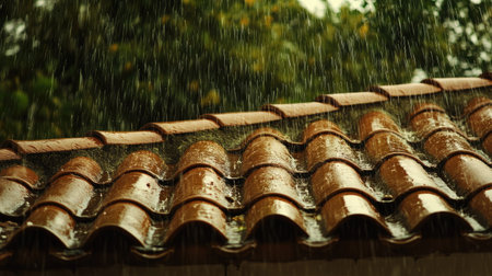 Heavy rain falling from a tiled roof, creating a soothing and dramatic scene.の素材