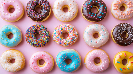 Colorful assortment of mini donuts with various glazes and sprinkles arranged artistically on a bright pastel backgroundの素材