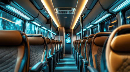 Clean and quiet interior of a new tour bus with spacious, cushioned seats and air conditioning vents visibleの素材
