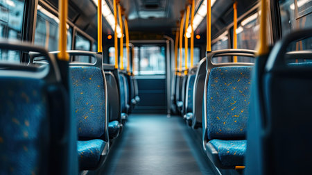 Clean bus interior with freshly upholstered empty seats, aisle view stretching toward the front, ready for passengersの素材