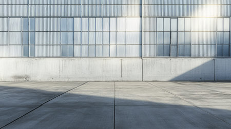Concrete floor in front of an industrial building, empty and well-maintained, with subtle shadow play from the structureの素材