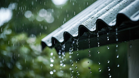 Close-up of raindrops dripping from the corner of a metal roof during a storm.の素材