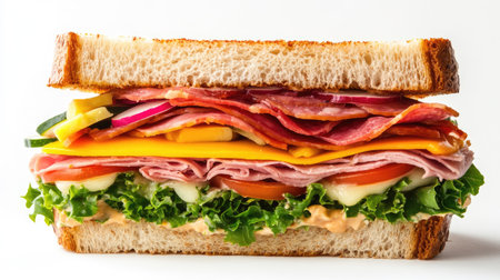 Close-up of a freshly made half club sandwich showing layers of meat, cheese, and veggies on white backgroundの素材