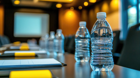 Conference room setup with plastic water bottles and notepads on the table, waiting for seminar participants to arriveの素材