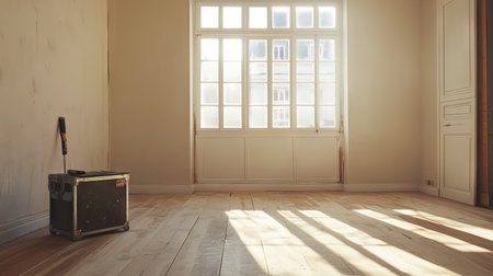 An empty room with newly installed hardwood floors and a toolbox in the corner.の素材
