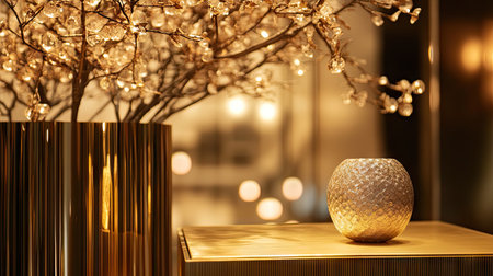 A close-up of a luxury item resting on a golden pedestal, with warm lighting and high-end dcor surrounding the display.の素材