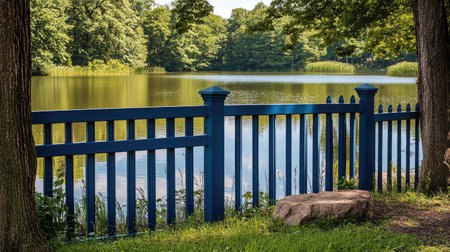 A bleu aluminum fence contrasting beautifully with a calm lake in the background, surrounded by trees and nature's tranquility.の素材