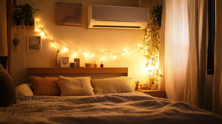 A bedroom with a wall-mounted air conditioner above the bed, softly illuminated by warm lighting and cozy decor.の素材