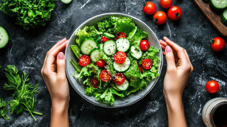 Young woman enjoying a homemade healthy salad with dressing, surrounded by fresh ingredients like lettuce, cucumber, and cherry tomatoesの素材