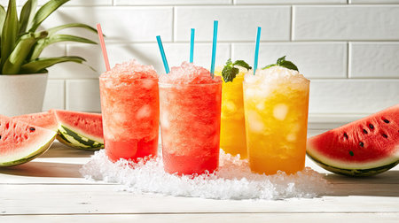 Vibrant glasses of watermelon slushie with crushed ice and straws, placed on a white wooden surface with fresh watermelon slicesの素材