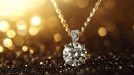 A close-up of a luxury diamond pendant necklace with a delicate chain, illuminated by soft, warm lighting.の素材