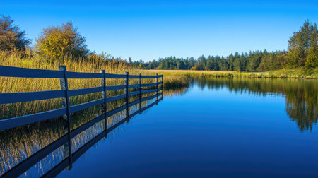 A bleu aluminum fence along the edge of a pristine lake, reflecting the clear blue sky and the surrounding nature.の素材