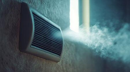 A close-up of an air conditioner vent, showcasing clean air flowing out of a wall-mounted unit in a home.の素材