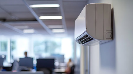 An open-plan office space with a wall-mounted air conditioner ensuring comfort for employees.の素材