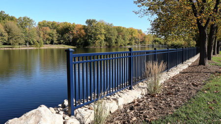 A bleu aluminum fence contrasting beautifully with a calm lake in the background, surrounded by trees and nature's tranquility.の素材