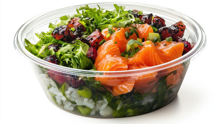 A fresh and tasty poke bowl with salmon, rice, and seaweed salad, served in a take-out bowl isolated on white.の素材