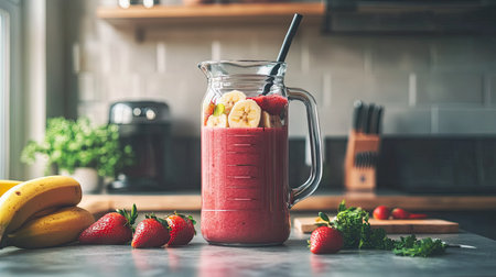 A freshly blended strawberry-banana smoothie in a blender jar, with fresh produce and utensils in a stylish kitchen.の素材