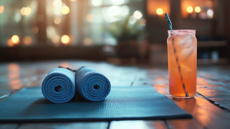 A yoga mat with a pair of rolled towels and a refreshing drink nearbyの素材