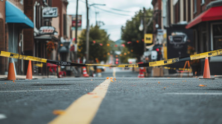 A street festival setup with yellow and black barricade tape marking off restricted zonesの素材