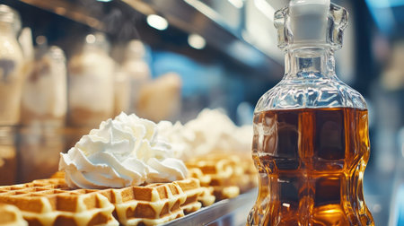 A modern waffle maker with waffles in progress, with a bottle of maple syrup and whipped cream in the foreground.の素材