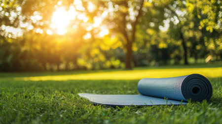 A yoga mat on a grassy field, ready for an outdoor workout under the sunの素材