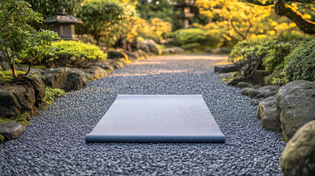A yoga mat spread on a pebble path in a tranquil Zen gardenの素材