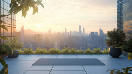 A yoga mat on a rooftop with a skyline view, ideal for urban outdoor workoutsの素材