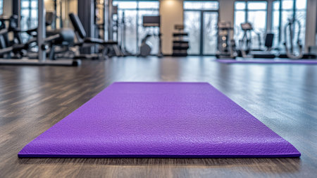 A vibrant purple yoga mat spread on a gym floor with fitness equipment in the backgroundの素材