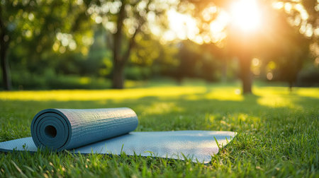 A yoga mat on a grassy field, ready for an outdoor workout under the sunの素材