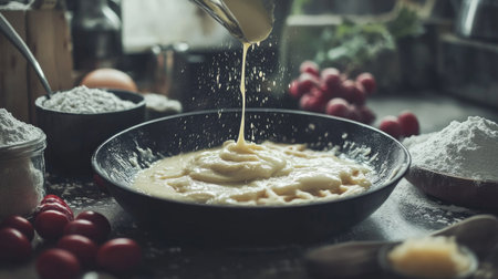 A waffle maker in action, with a ladle pouring batter into its non-stick surface, surrounded by ingredients.の素材