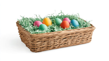A wicker basket with brightly dyed Easter eggs nestled in green shredded paperの素材