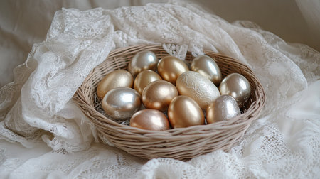 A wicker basket with metallic Easter eggs arranged neatly on a white lace clothの素材