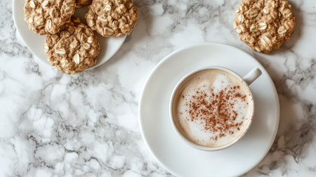 A flat lay of a cup of cappuccino and a plate of oatmeal cookies with a sprinkle of cinnamon on a marble surfaceの素材