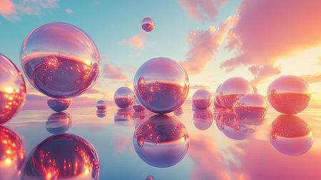 A vibrant scene of floating spheres with mirror-like surfaces reflecting each other.の素材
