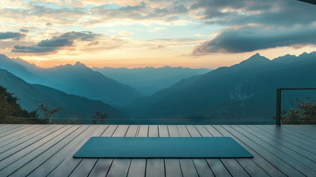 A yoga mat on a deck with mountains in the distance, ideal for mindful exercisesの素材