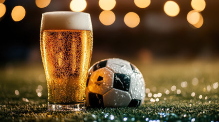 A frosty glass of beer and a soccer ball lying on artificial turf under floodlights.の素材