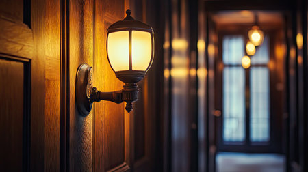 A softly glowing wall lamp beside an old wooden door in a dim corridor.の素材