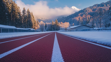 A well-maintained running track with vibrant lines and no distractions, offering a calm atmosphere.の素材