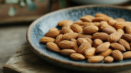 A beautifully arranged spread of roasted organic almonds in a natural, earthy setup, ideal for a snack tray.の素材
