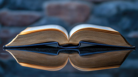 A beautifully lit open book on a reflective glass table, pages slightly curled.の素材