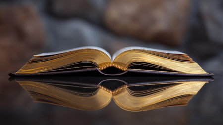 An elegant open book with golden-edged pages reflecting beautifully on a polished table.の素材