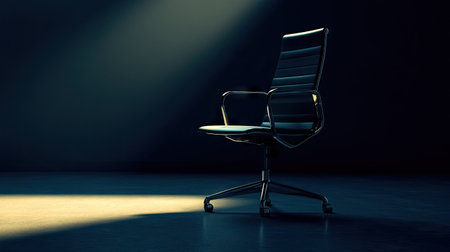 A sleek office chair sits in an empty, dark conference room, a single beam of light highlighting its silhouette.の素材