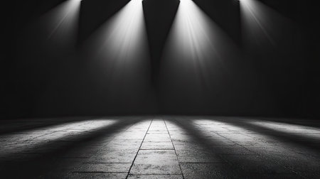 Dramatic spotlights shining from different angles, creating high contrast on a textured floor.の素材